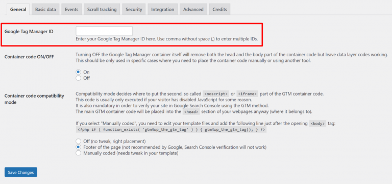 Add Google Tag Manager ID on GTM4WP