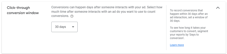 Click-through conversion window setting