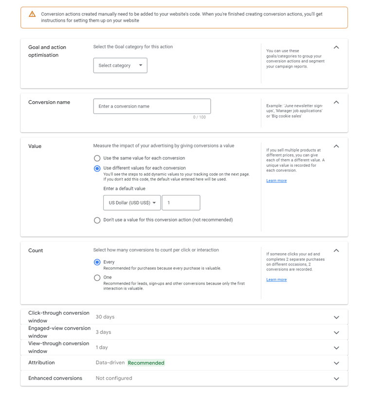 Conversion action details in Google Ads