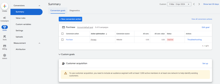 How to access New Conversion Action in Google Ads