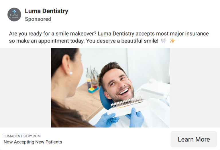 PPC for dentists example (Facebook)