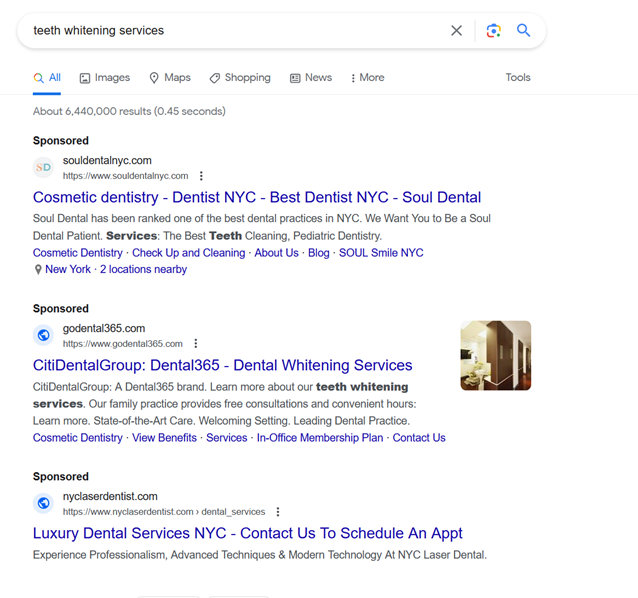PPC for dentists example (Google Ads)