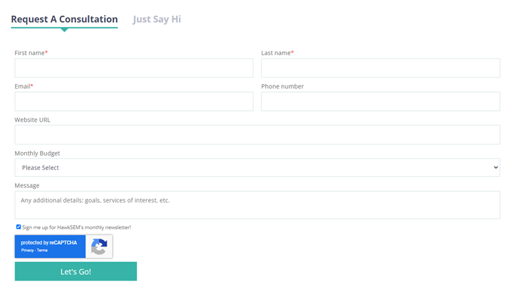  Request a consultation form on the HawkSEM website