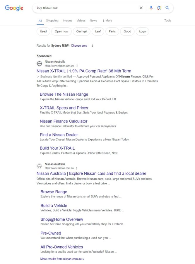 “Buy Nissan car” search engine results in Australia (Image: Screenshot)