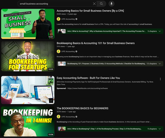 Small business accounting YouTube search