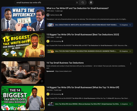 Small business tax write offs YouTube search