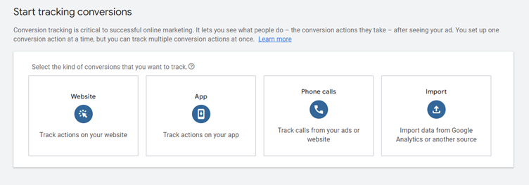 Start tracking conversions menu in Google Ads