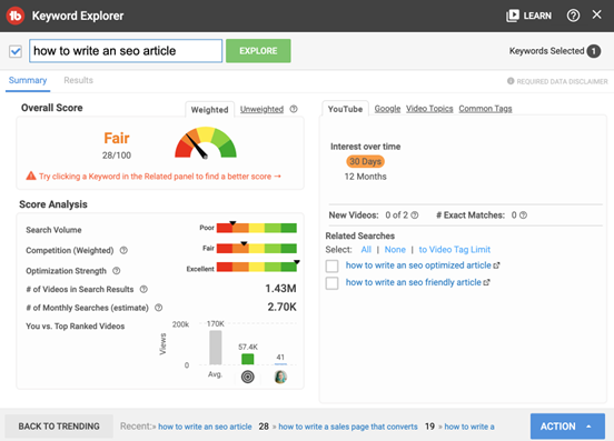 TubeBuddy Keyword Explorer