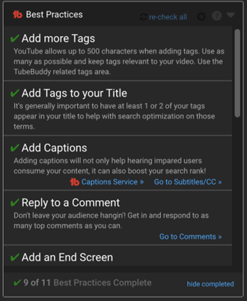TubeBuddy best practices checklist