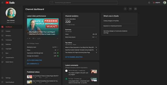 YouTube Studio dashboard