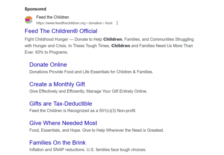 Google search ad example of an NGO, Feed the Children