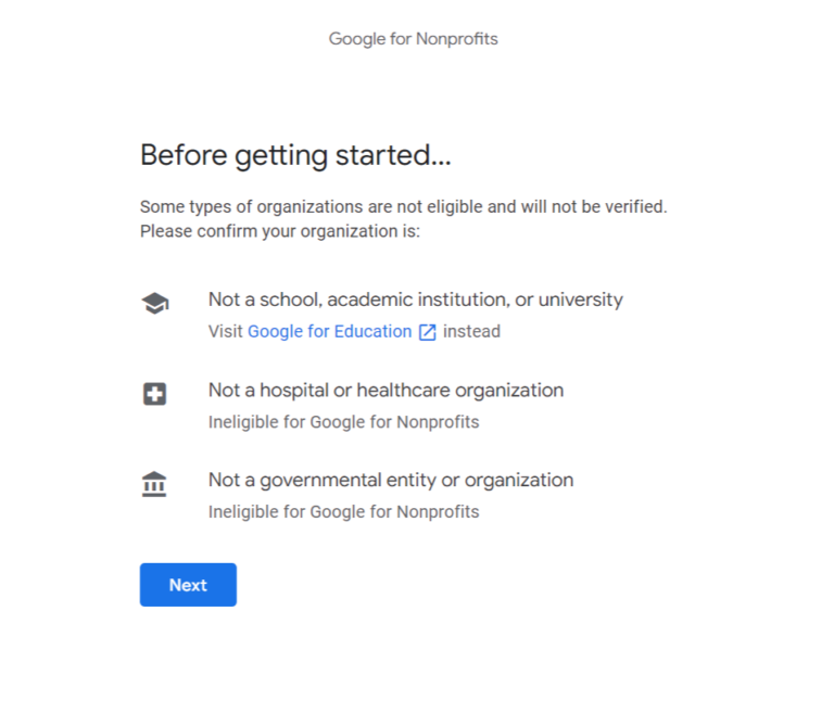 Confirm your nonprofit organization aligns with Google for Nonprofits requirements