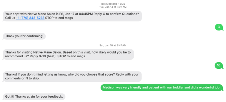 hair salon sms example