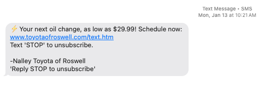 oil change offer sms example