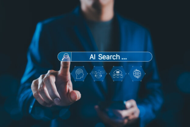 AI Search Engine Technology Concept. A person interacts with search bar AI Search, representing artificial intelligence, chatbot, data cloud, global connectivity, and future search engine innovation.