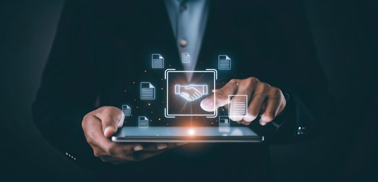 Businessman manage digital procurement process with business contract, invoice, approval documents, representing B2B sourcing, vendor management, supply chain, e-procurement. supply chain,